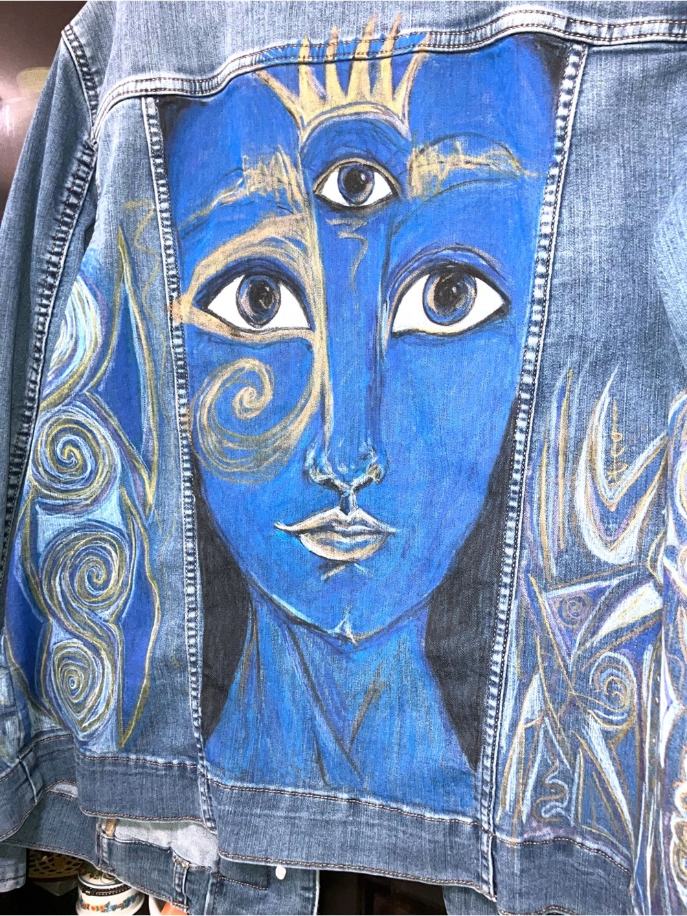 Hand-Painted Blue Third-Eye Goddess Denim Jacket size XL - Picture 7 of 8